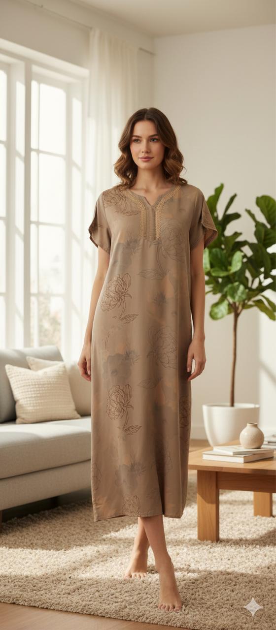 Mud Brown Bloom Rayon Satin Night Dress