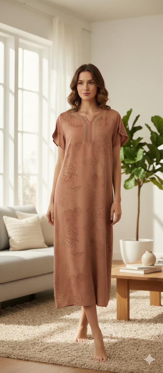 Mocha Bloom Rayon Satin Night Dress