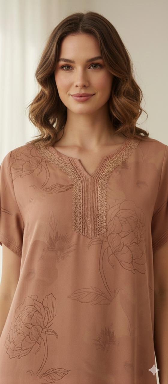 Mocha Bloom Rayon Satin Night Dress