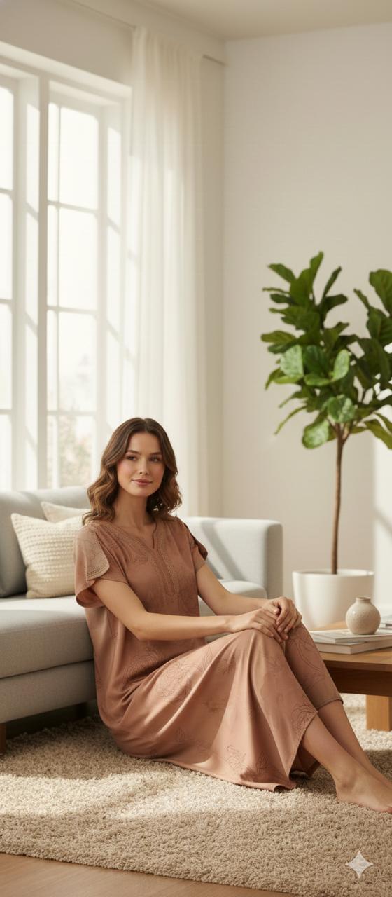 Mocha Bloom Rayon Satin Night Dress