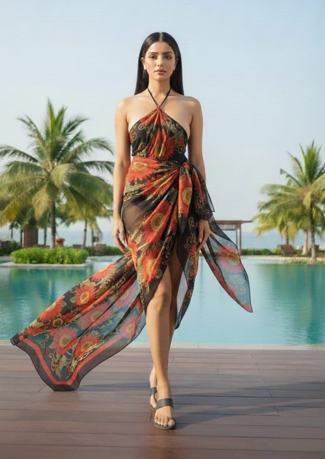 Black & Orange Floral Sarong