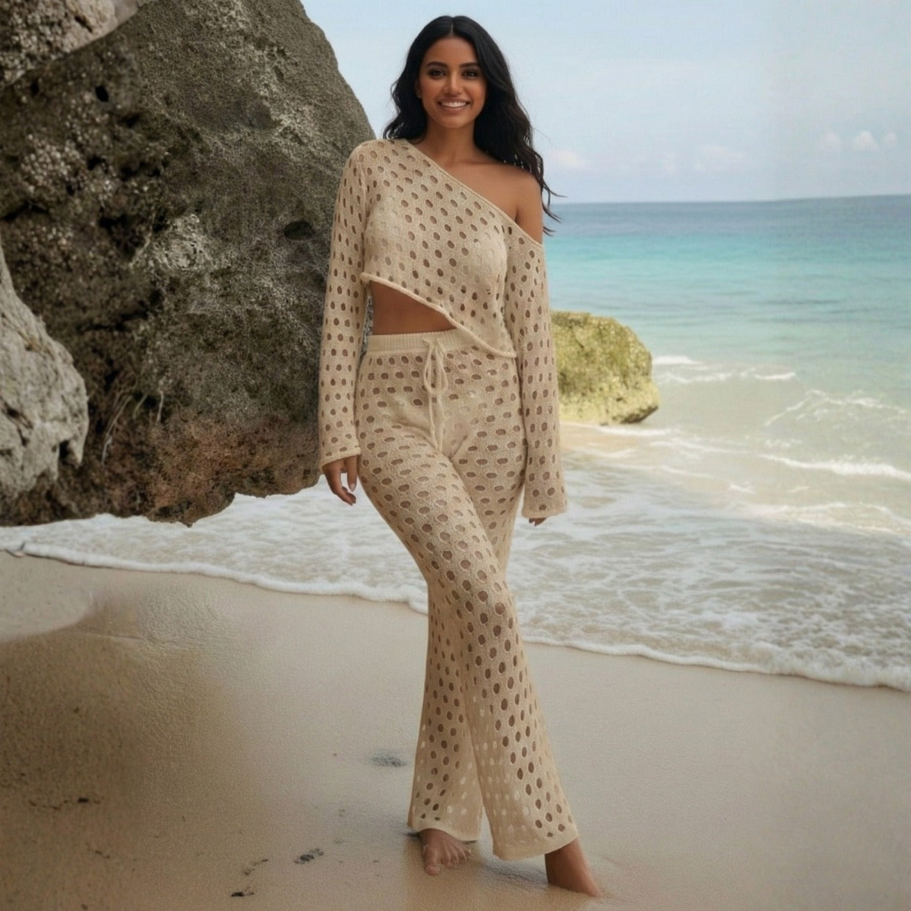 Beige Breeze Crochet Top & Pant Beach Cover Up Set