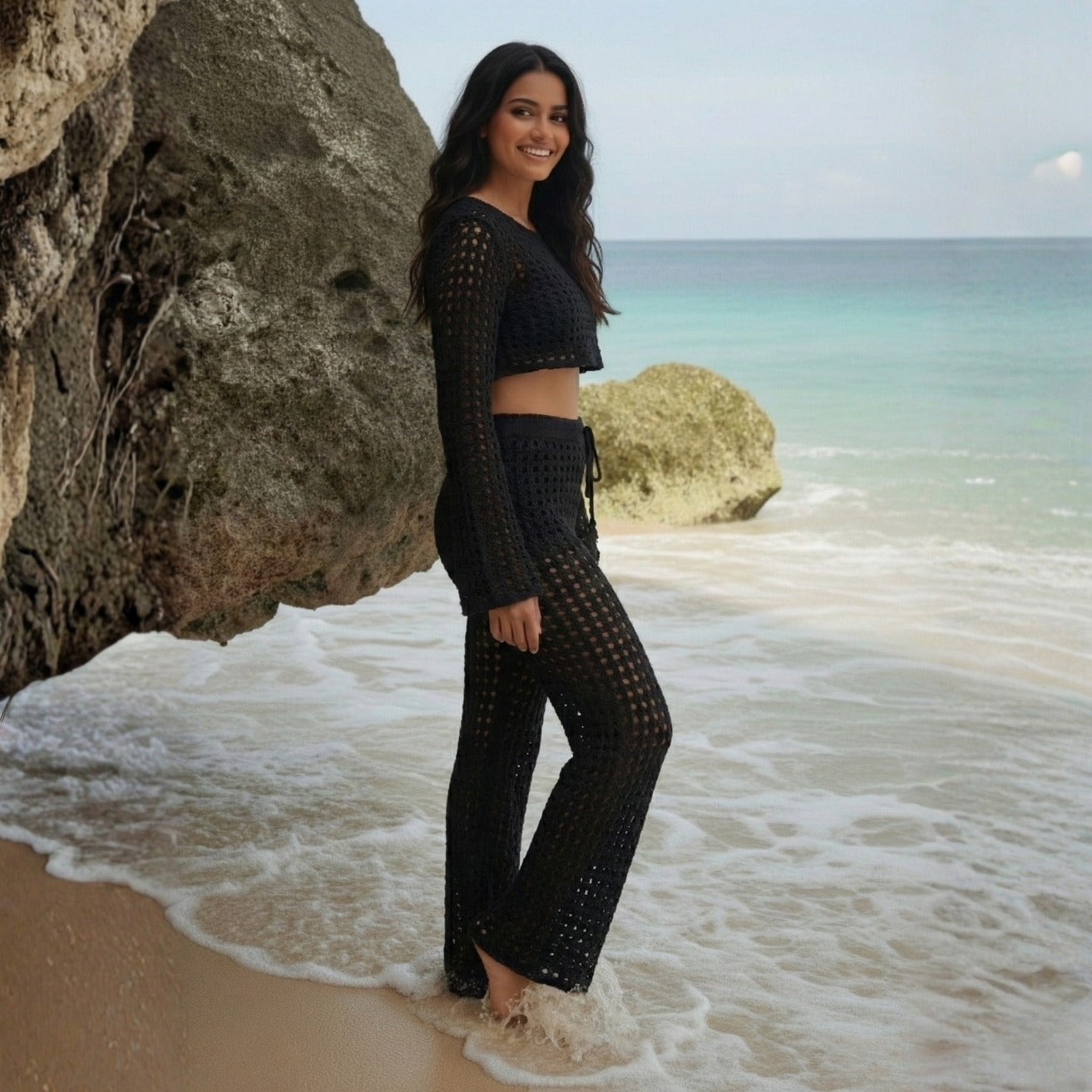 Midnight Drift Crochet Top & Pant Beach Cover Up Set