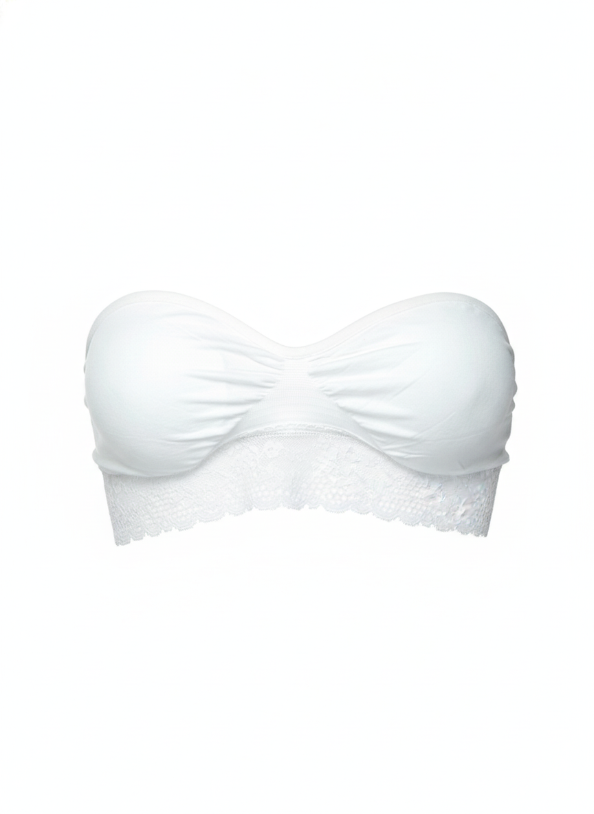 Women Light Padded Hosiery Cotton Tube Style Bralette with Lace - White