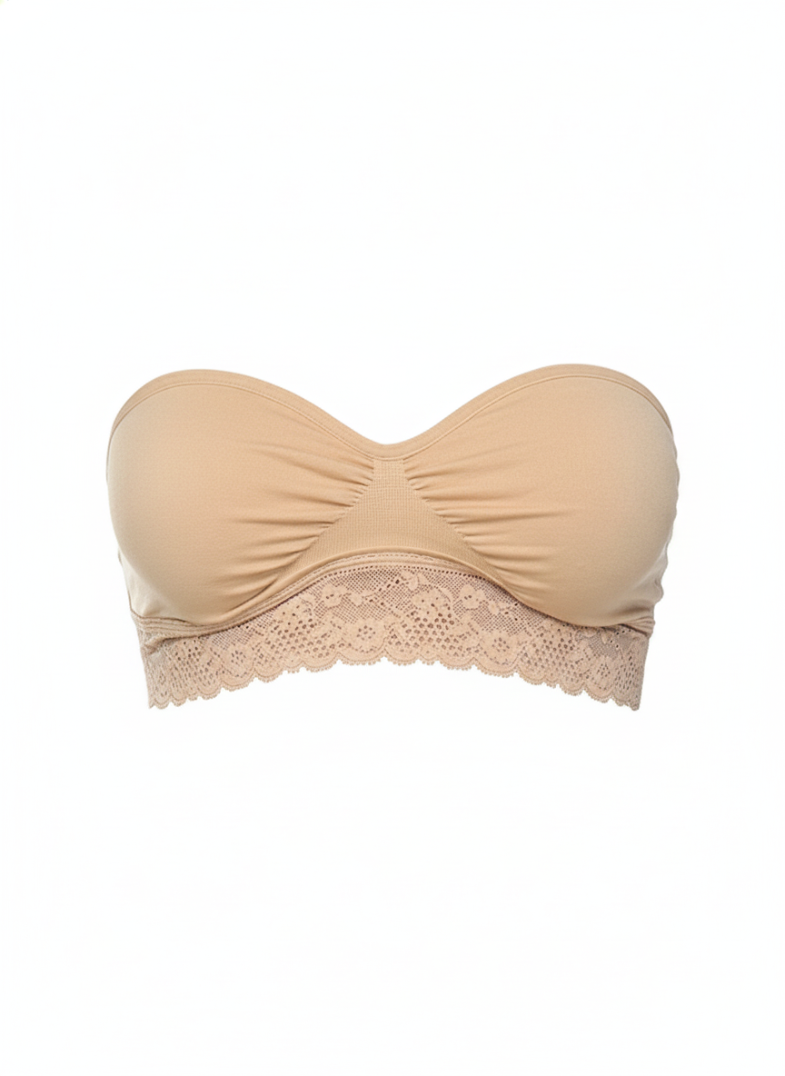 Women Light Padded Hosiery Cotton Tube Style Bralette with Lace - Light Brown