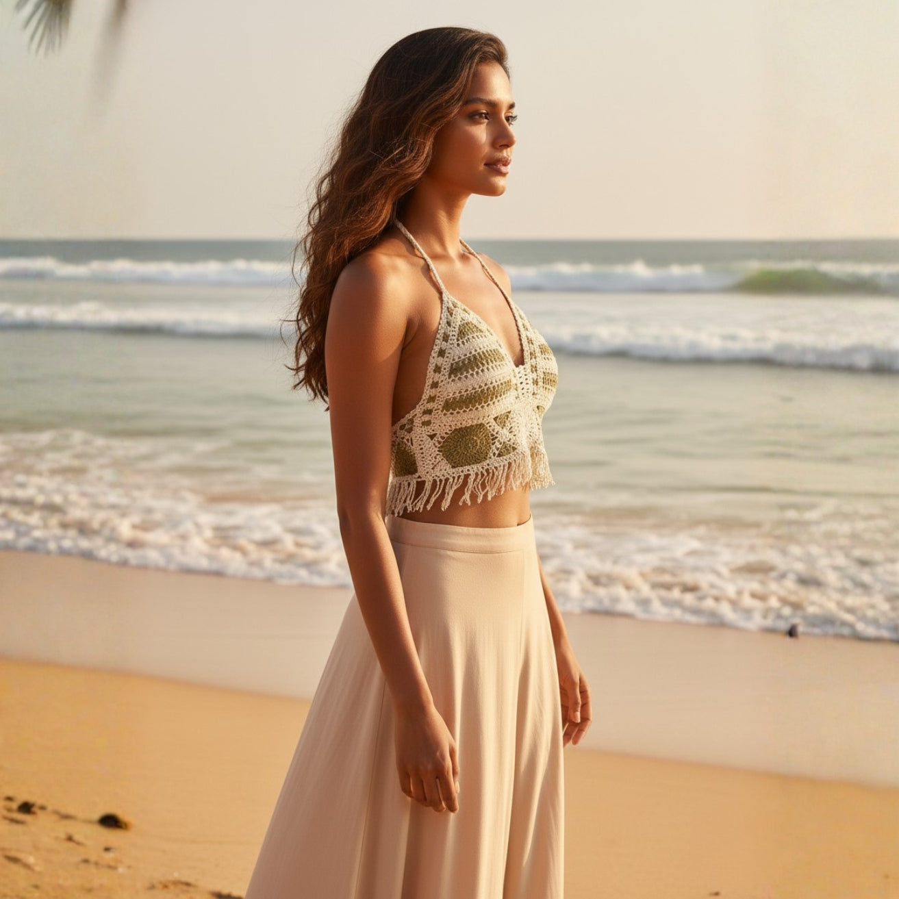 Green & Off-White Crosia Top