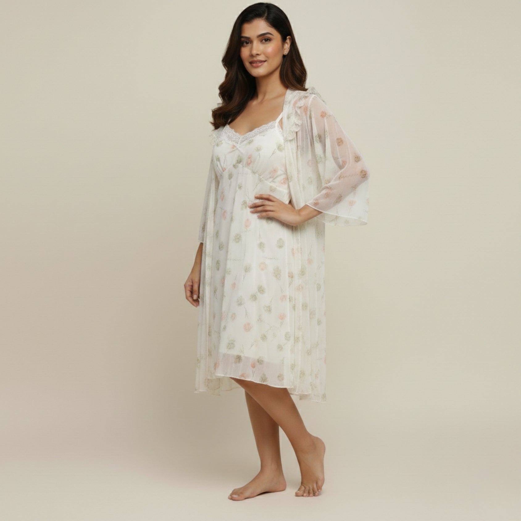 Cream Printed Nighty Gown Set