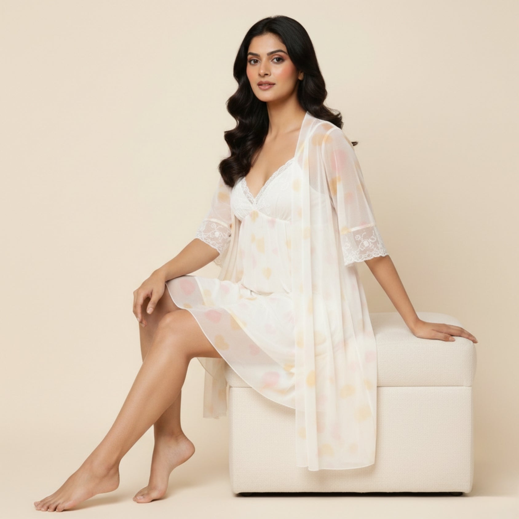 Pink With Yellow Print Nighty Gown Set