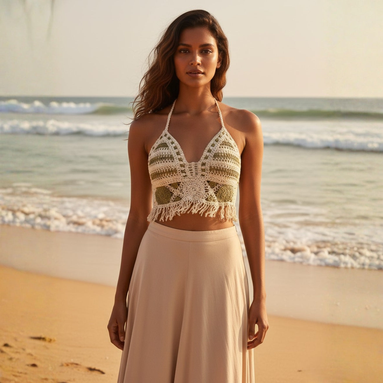 Green & Off-White Crosia Top