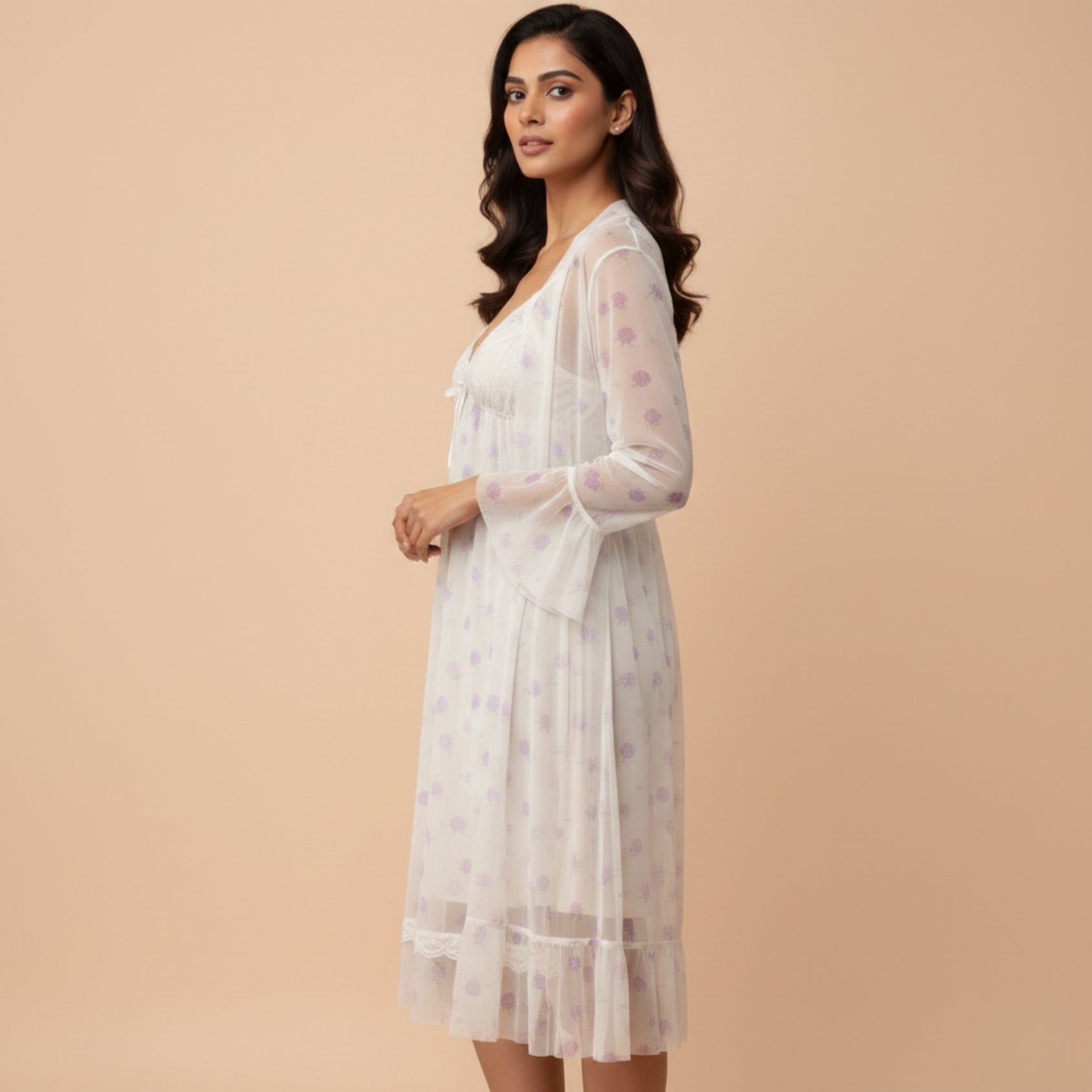 Off-White With Purple Print Nighty Gown Set
