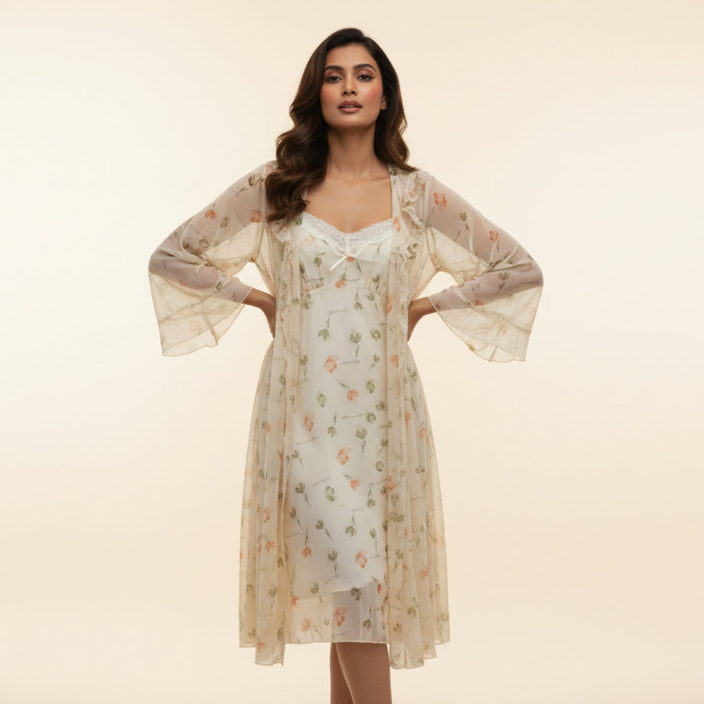 Cream Printed Nighty Gown Set