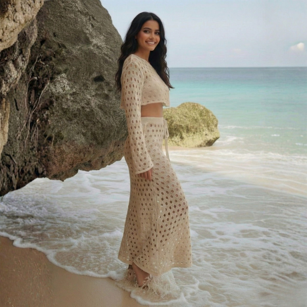 Beige Breeze Crochet Top & Skirt Beach Cover Up Set