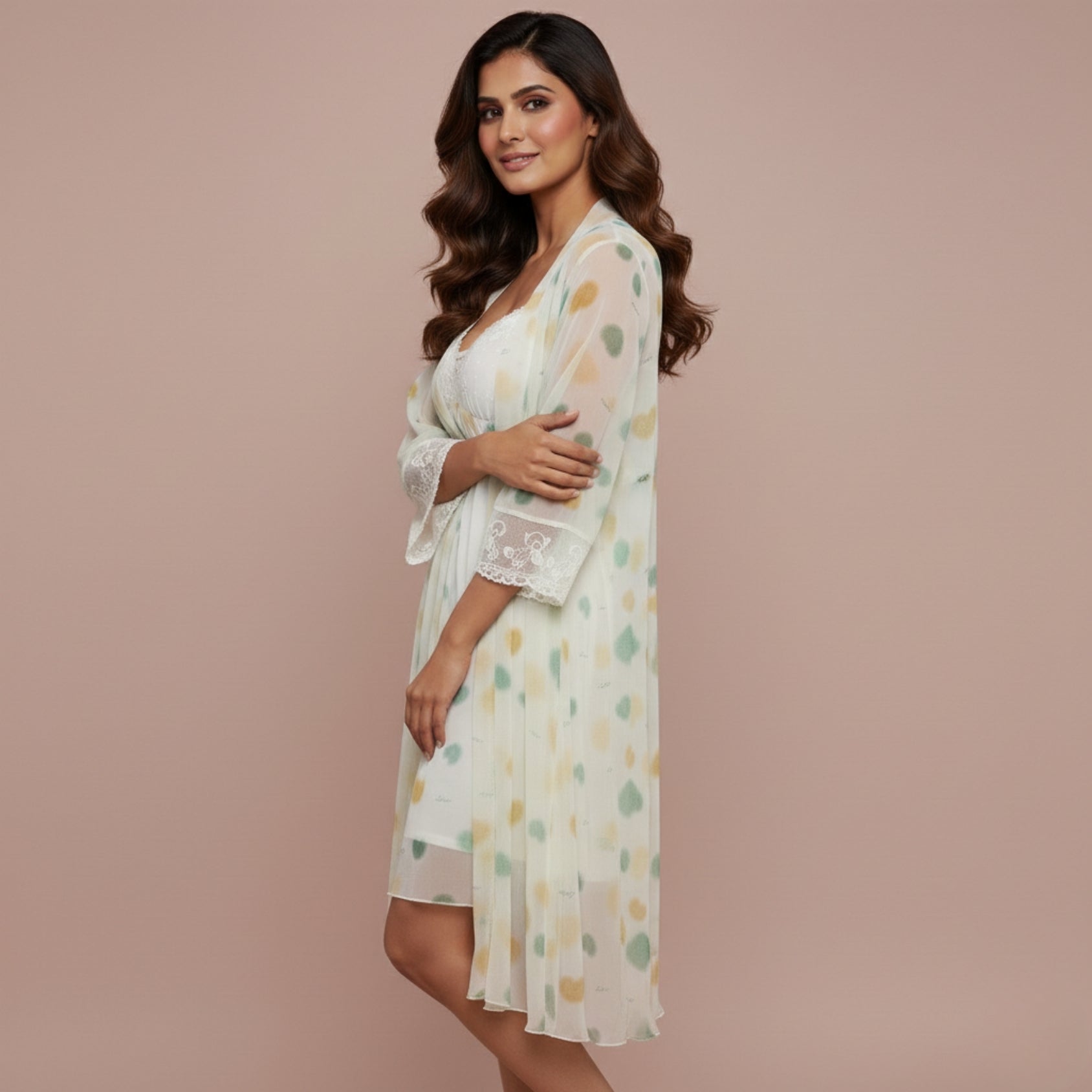 Light Yellow Printed Nighty Gown Set