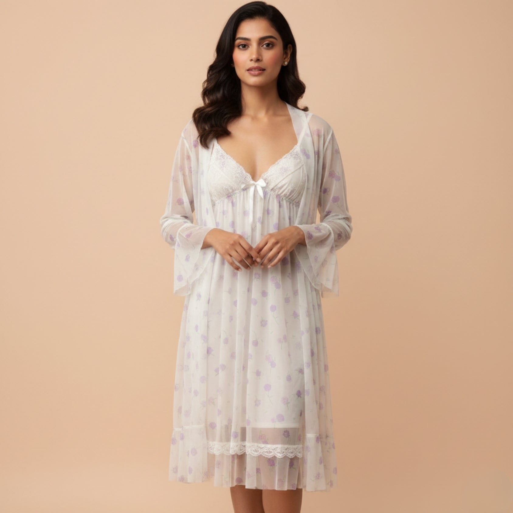 Off-White With Purple Print Nighty Gown Set