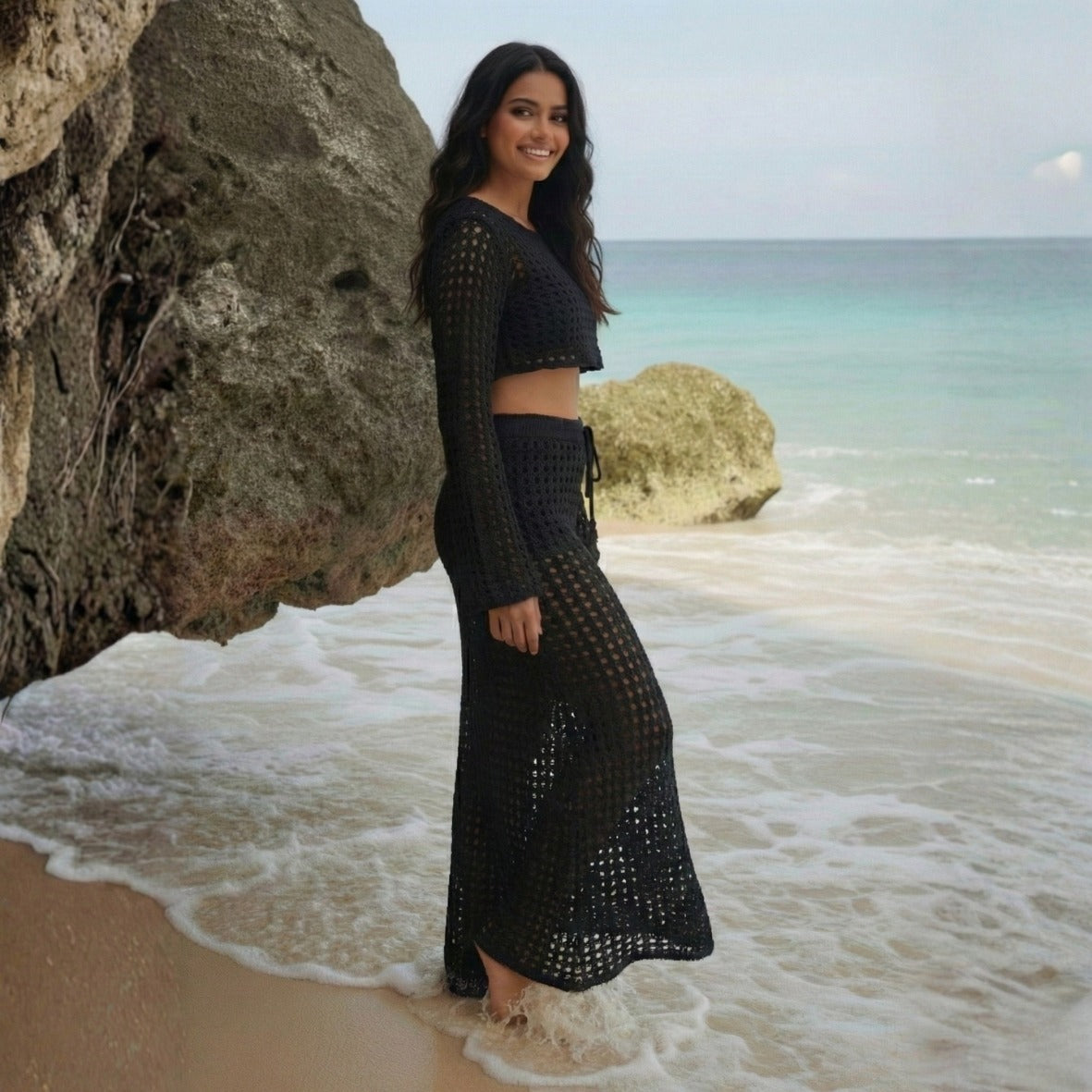 Midnight Drift Crochet Top & Skirt Beach Cover Up Set