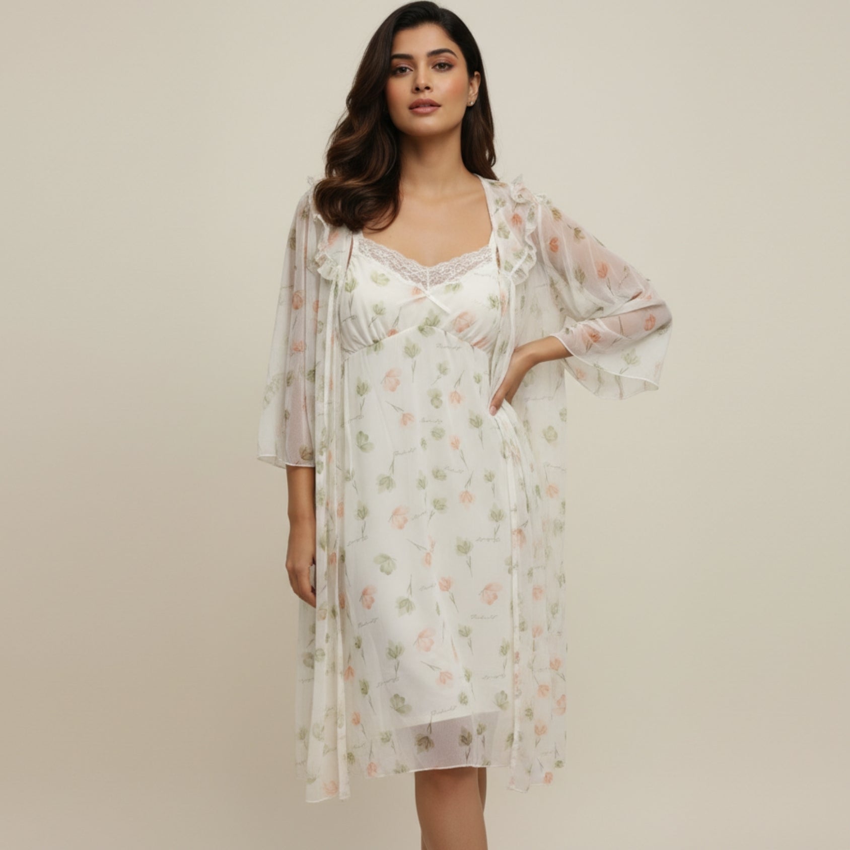 Cream Printed Nighty Gown Set