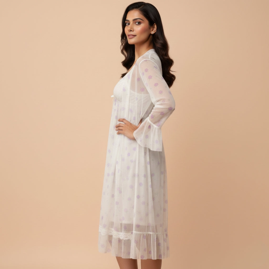 Off-White With Purple Print Nighty Gown Set
