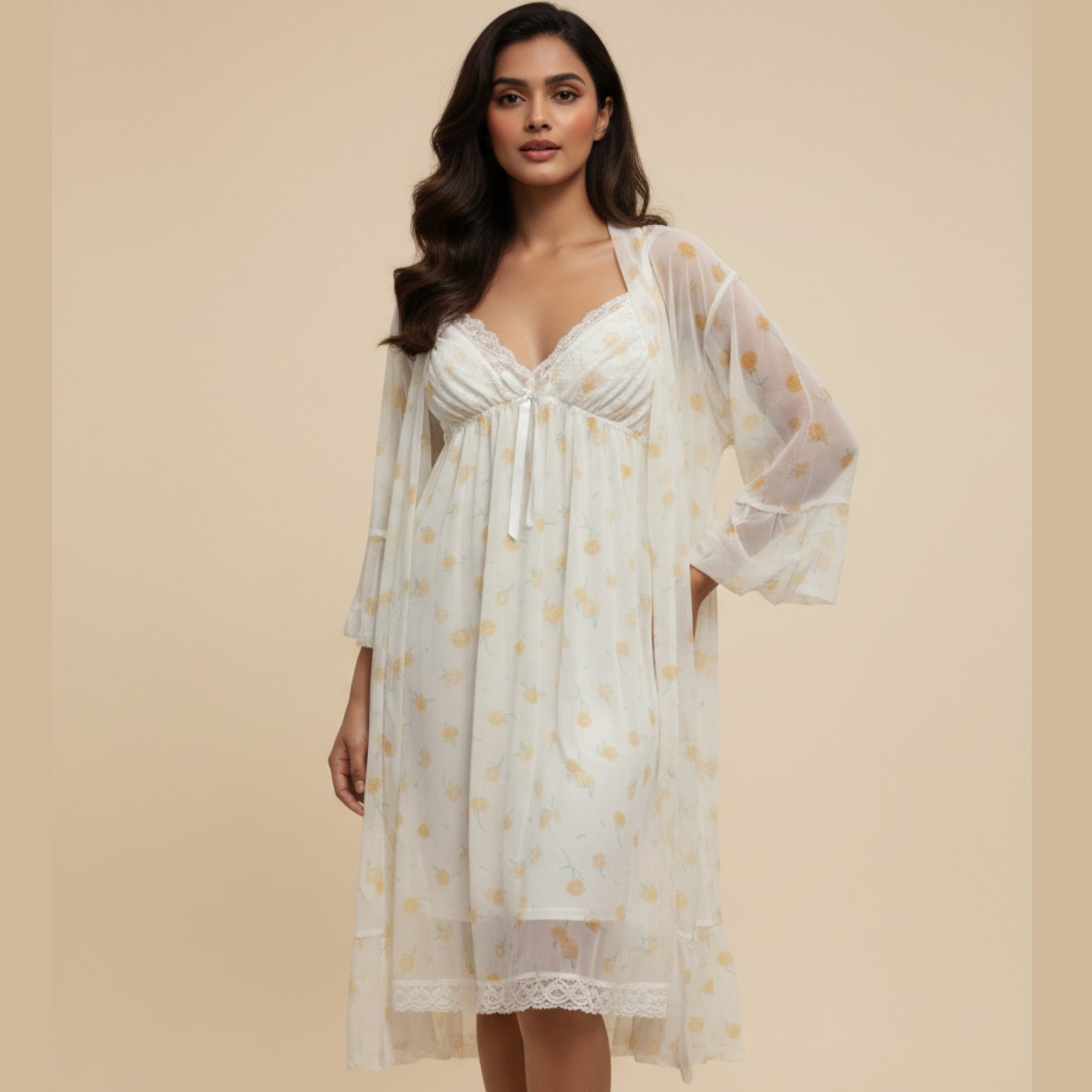Cream Printed Nighty Gown Set