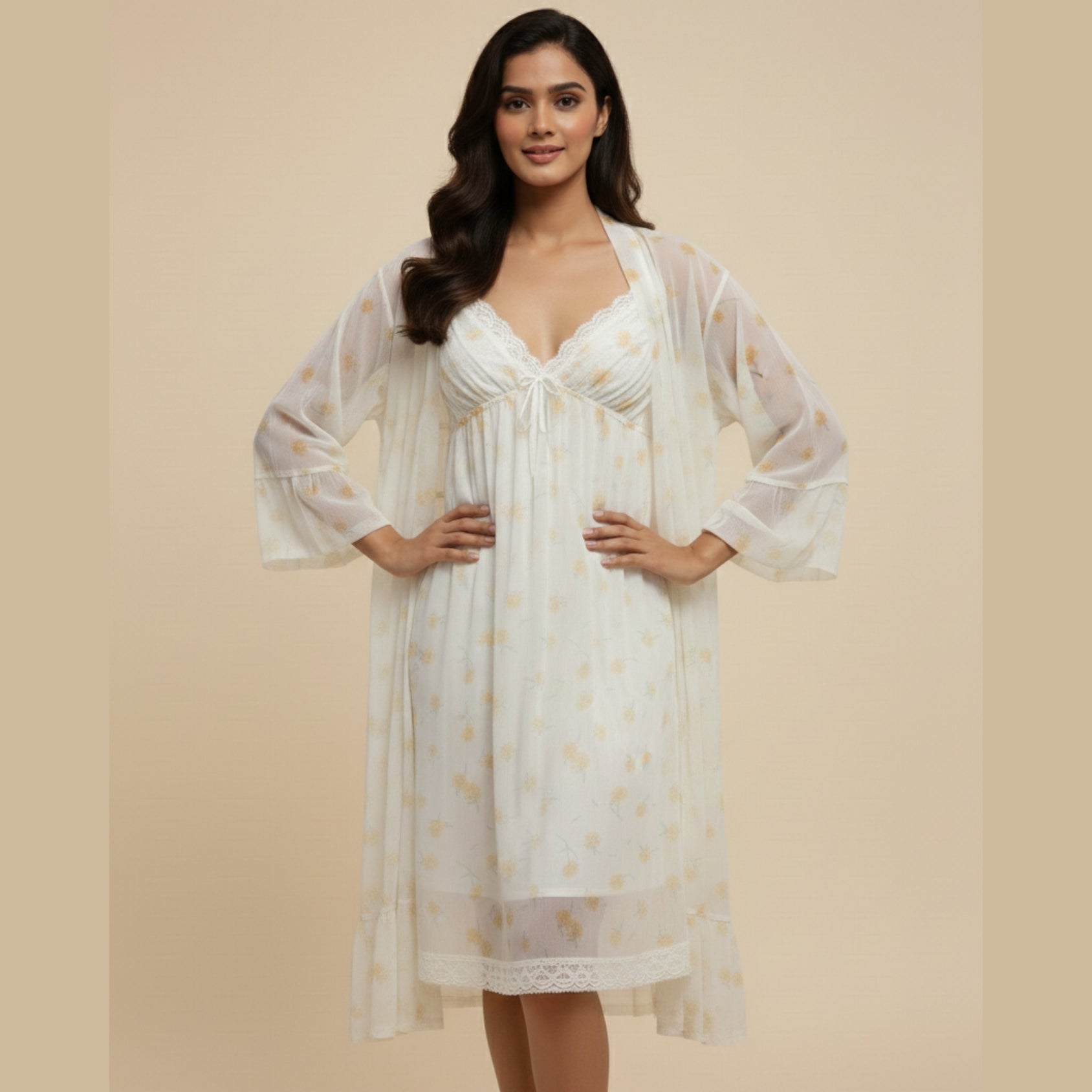 Cream Printed Nighty Gown Set