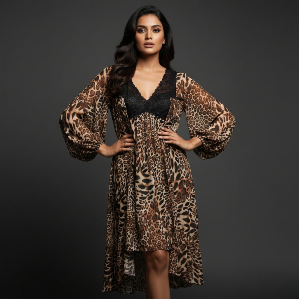 Animal Print Nighty Gown Set with Black Lace