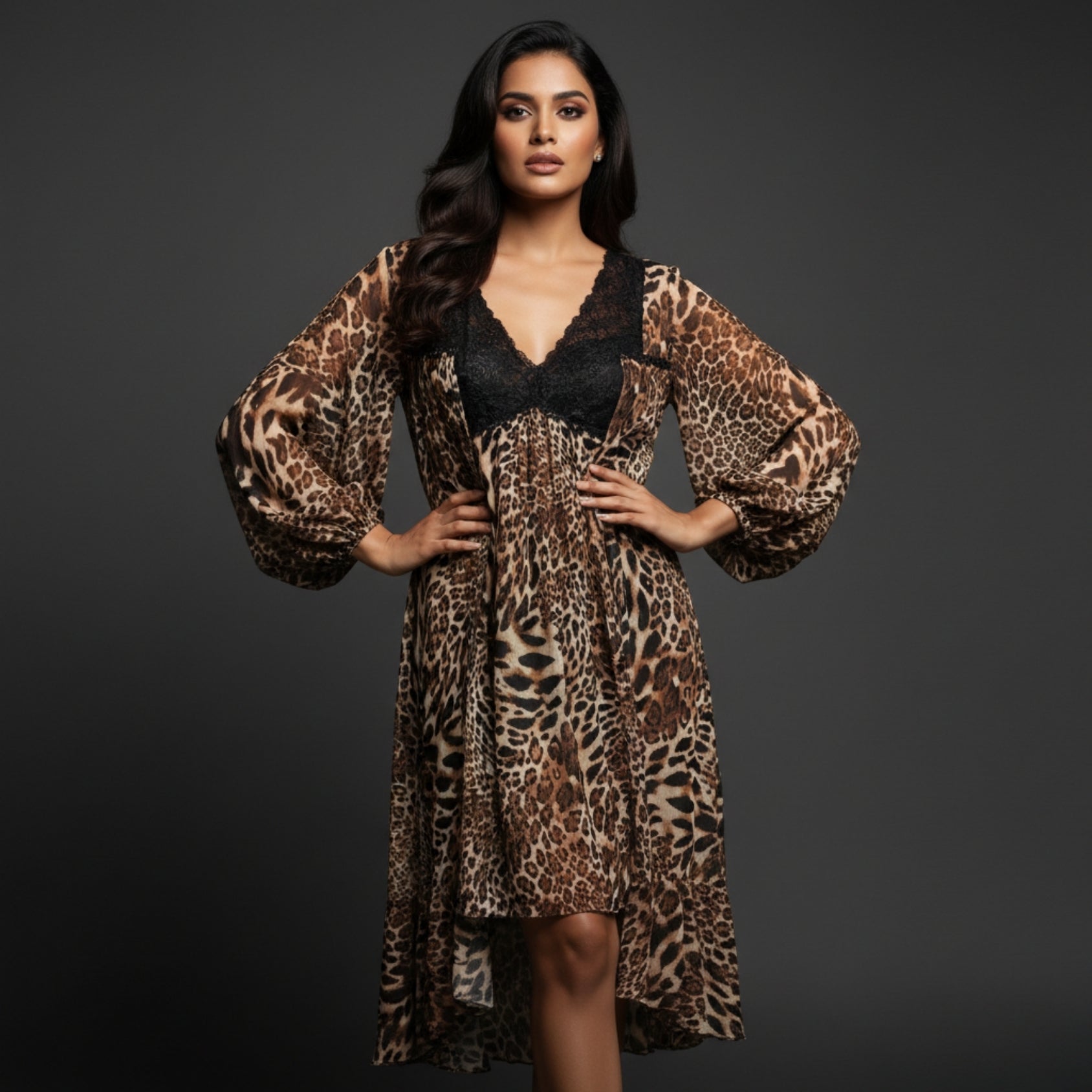 Animal Print Nighty Gown Set with Black Lace