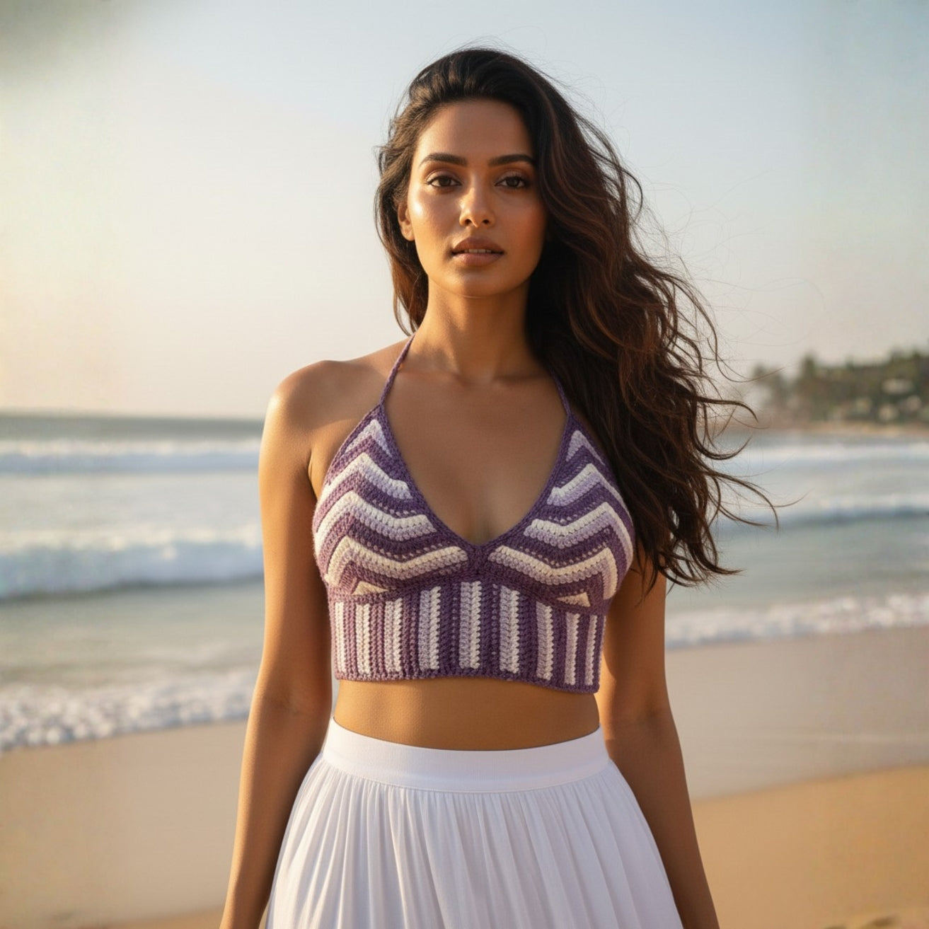 Purple & White Crochet Swim Top