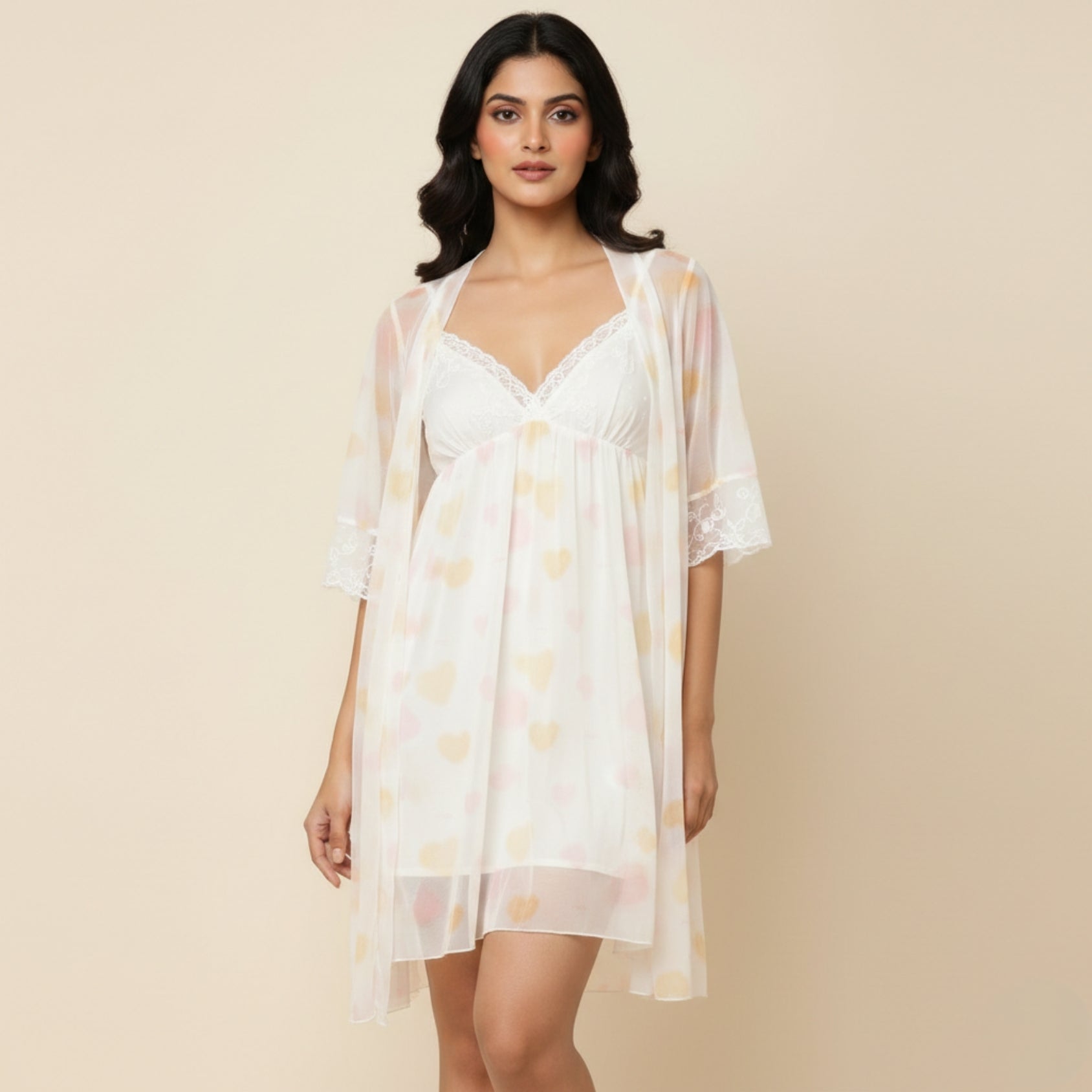 Pink With Yellow Print Nighty Gown Set