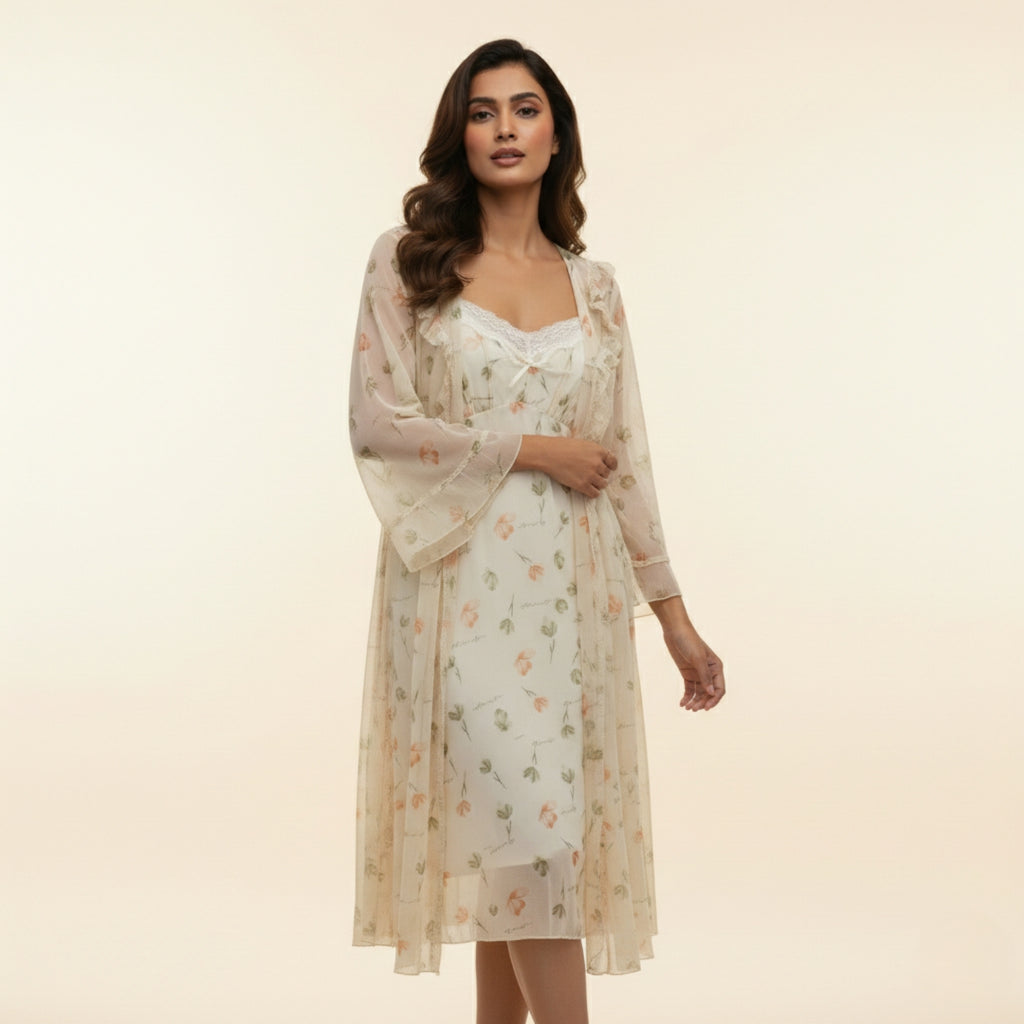 Cream Printed Nighty Gown Set