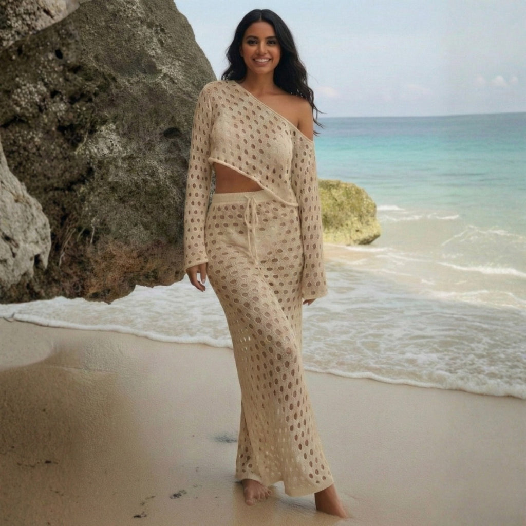 Beige Breeze Crochet Top & Skirt Beach Cover Up Set