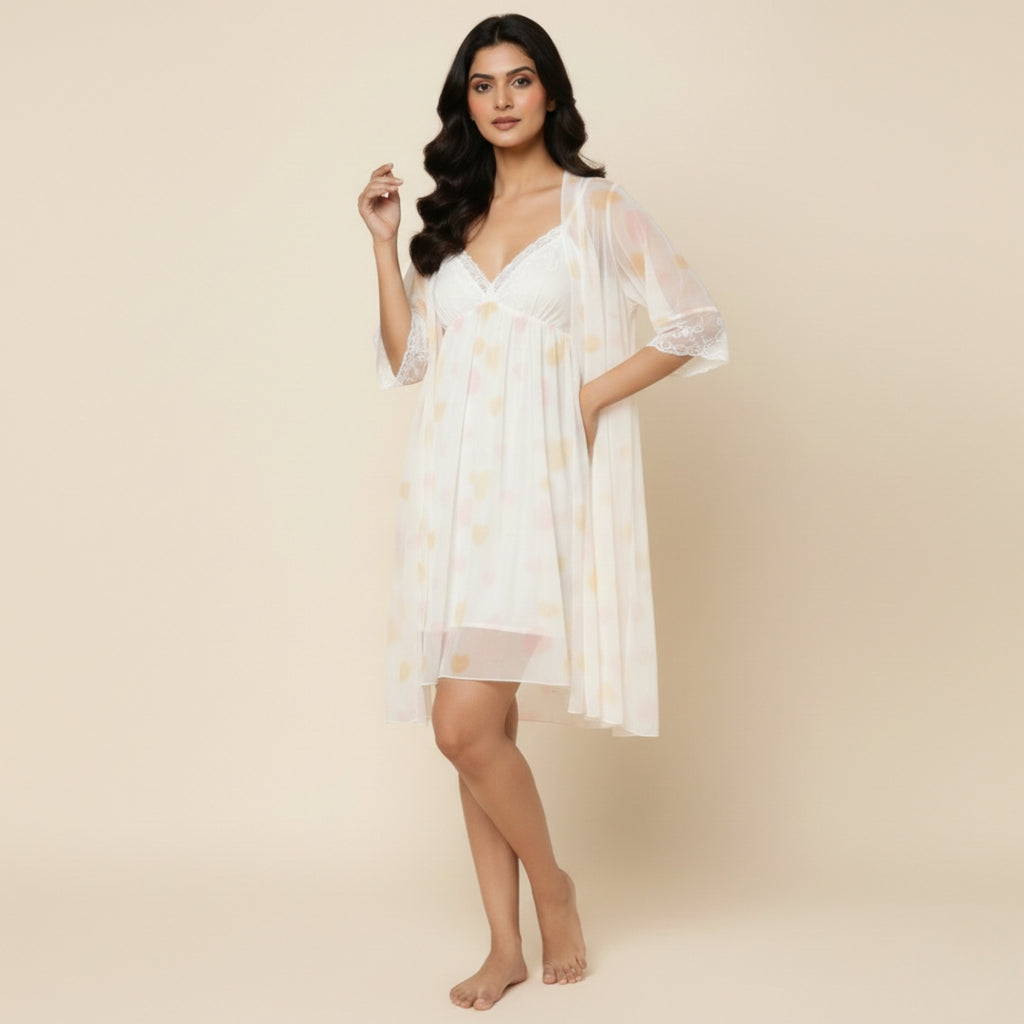 Pink With Yellow Print Nighty Gown Set