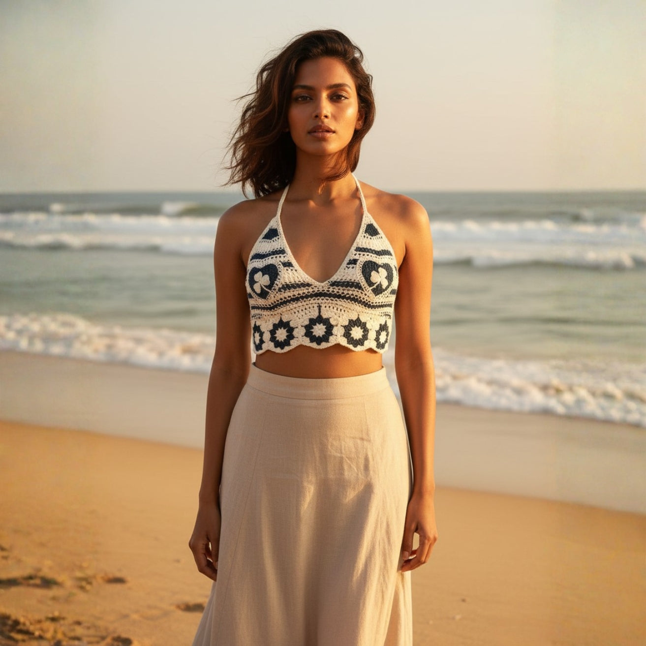 Blue & Off-White Crochet Swim Top