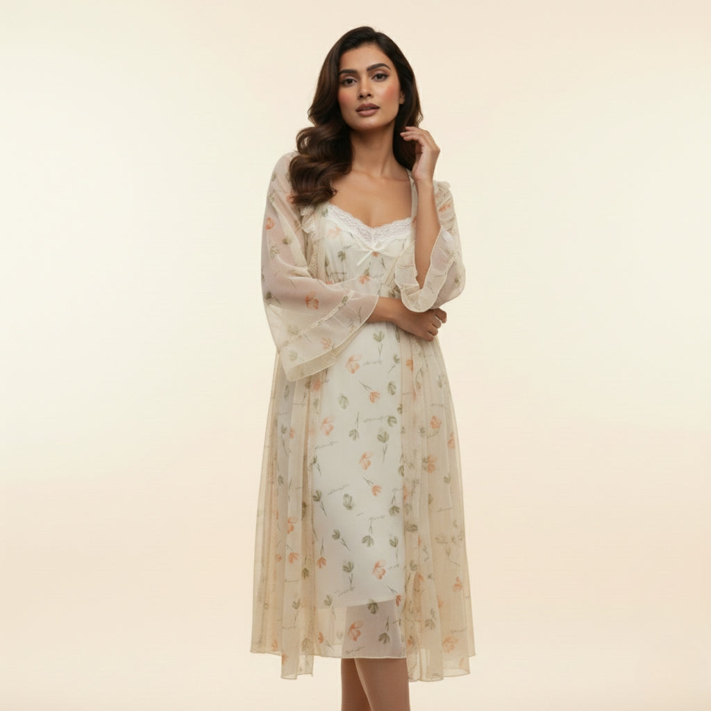 Cream Printed Nighty Gown Set