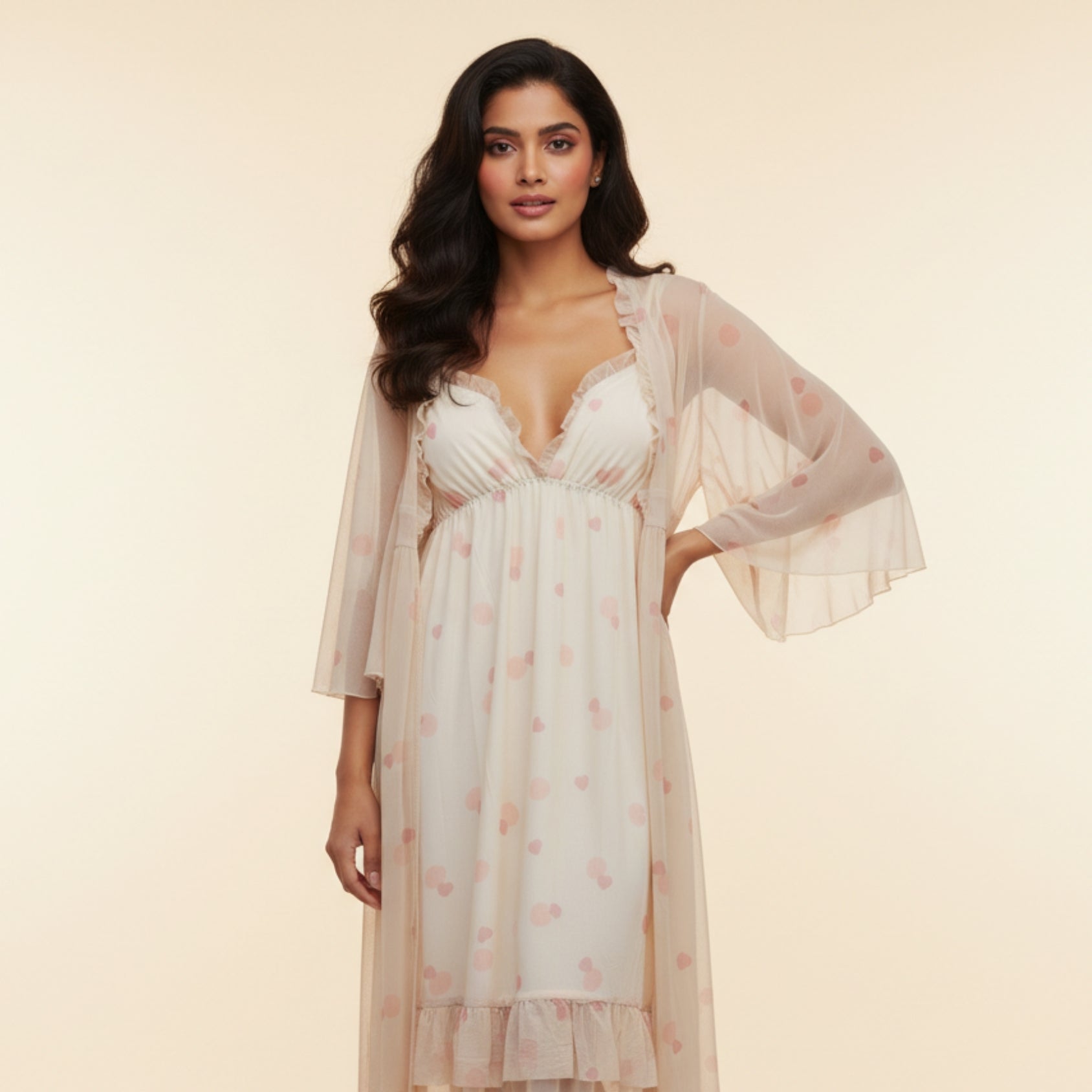 Off-White Printed Nighty Gown Set