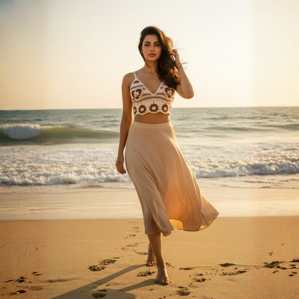 White & Brown Crochet Swim Top
