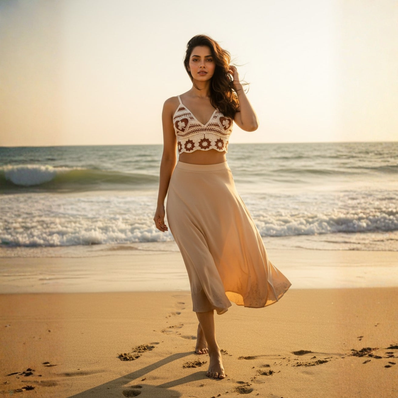 White & Brown Crochet Swim Top