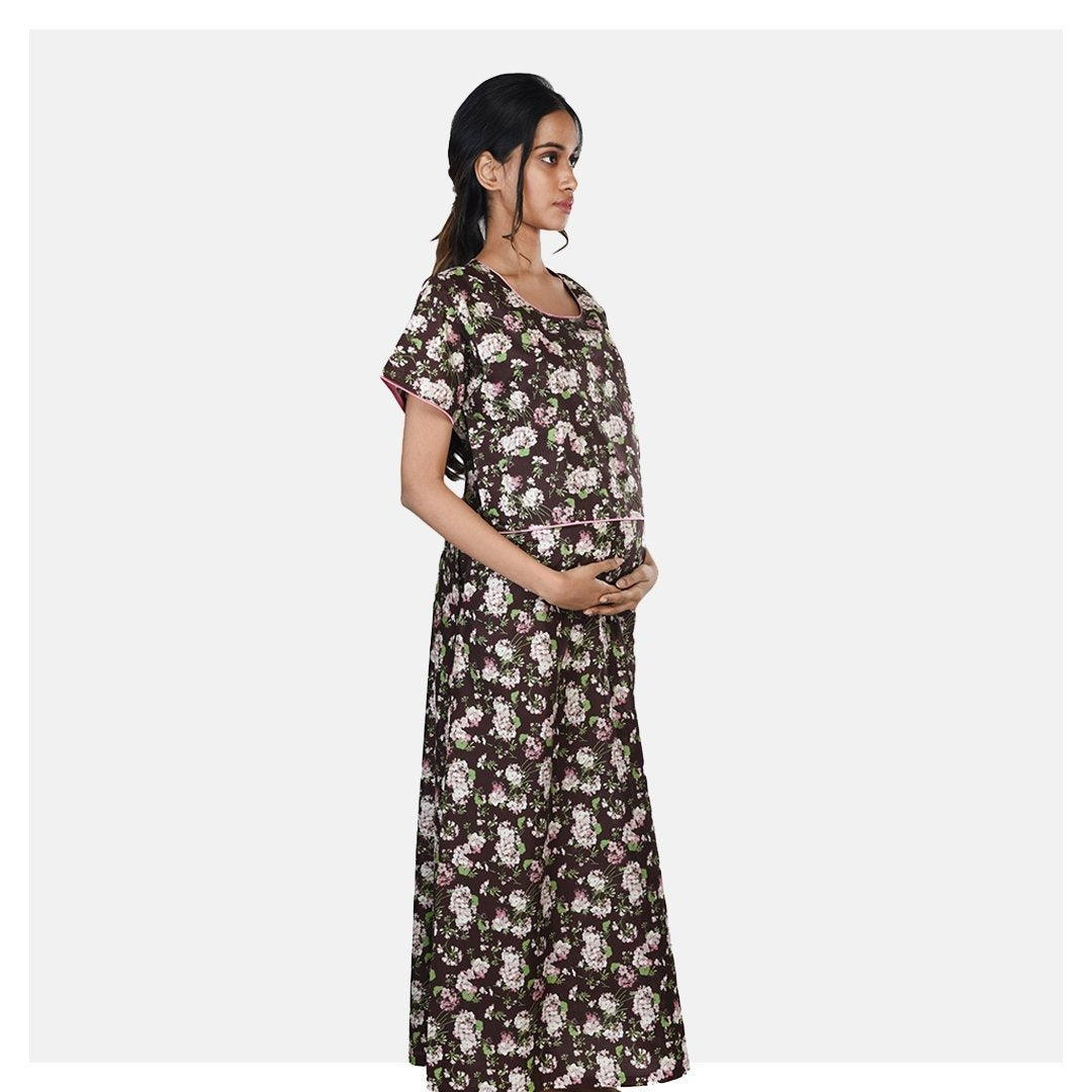 Women Brown Flap Style Floral Printed Cotton Feeding Nighty - Suman Nathwani