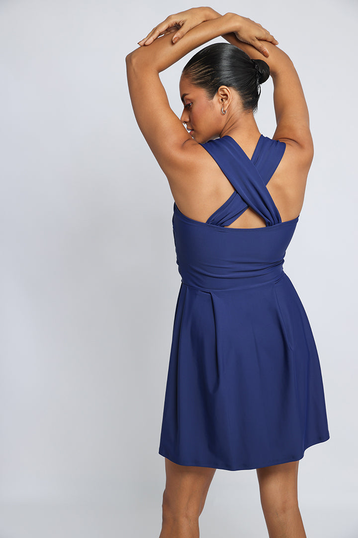 Navy Blue Sweetheart Neckline Frock-Style Swimsuit with Cross-Back Detail