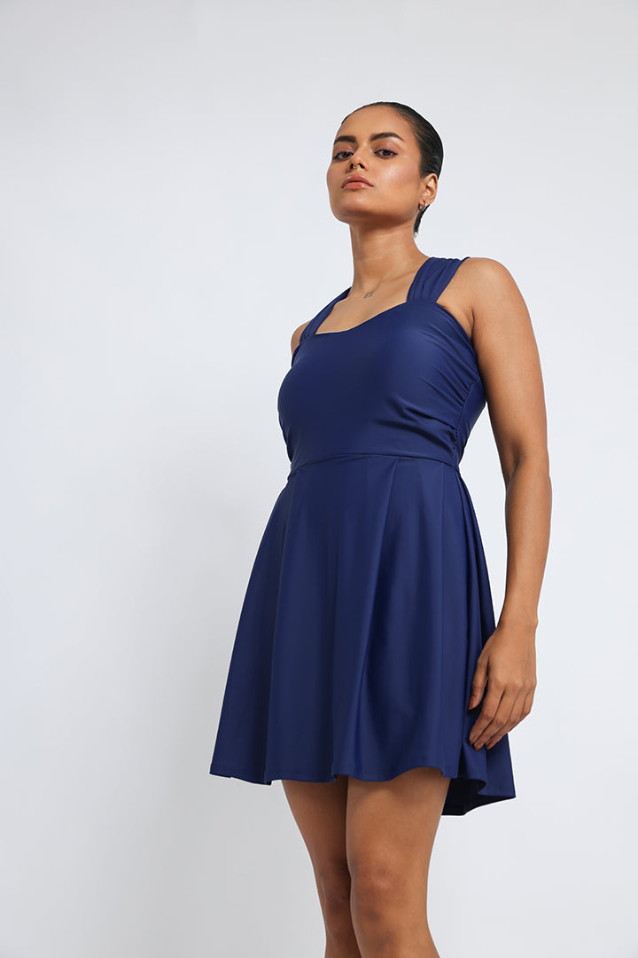 Navy Blue Sweetheart Neckline Frock-Style Swimsuit with Cross-Back Detail