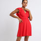 Red Frock-Style Swim Suit with Wrap Top and Frill Sleeves