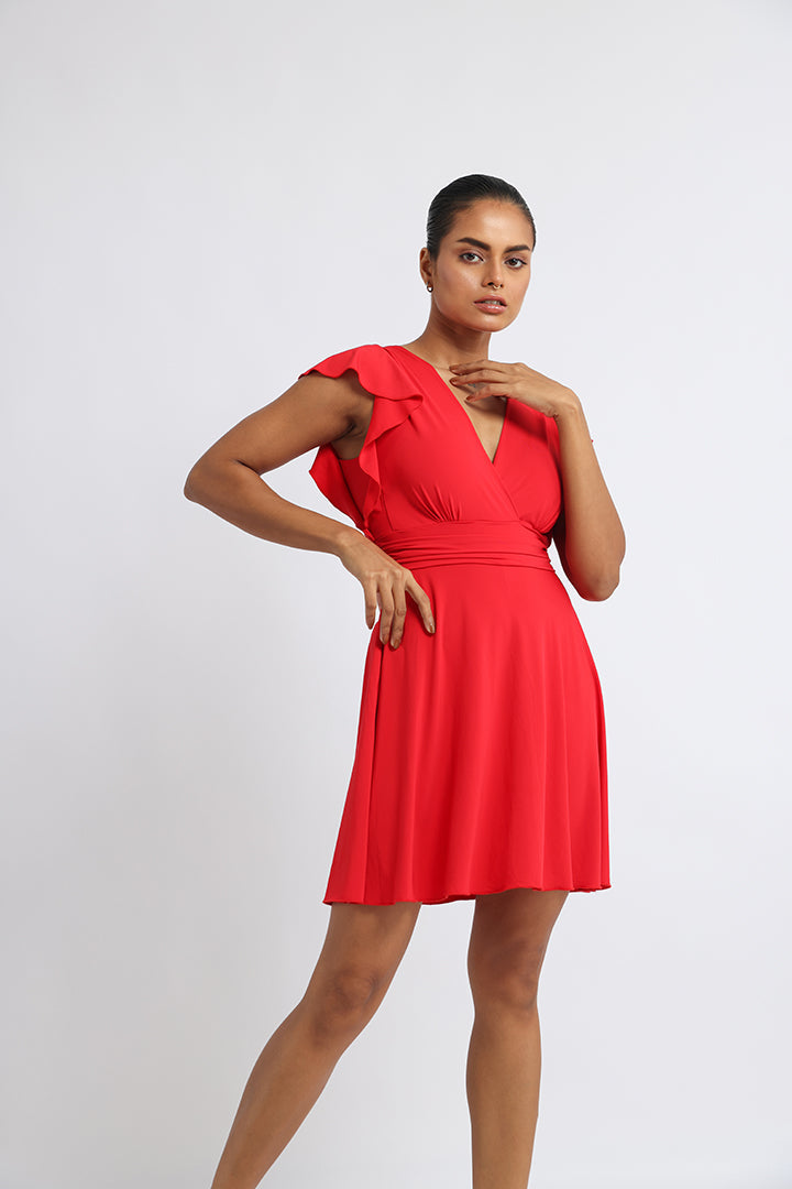 Red Frock-Style Swim Suit with Wrap Top and Frill Sleeves