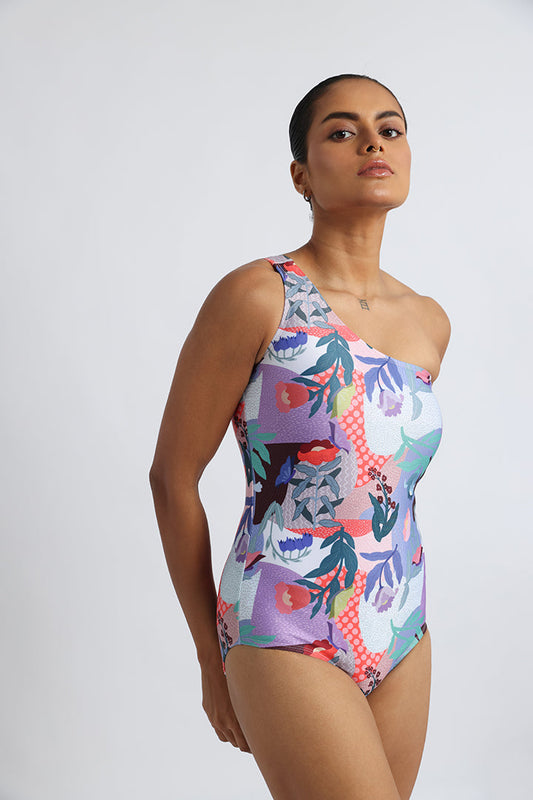 Garden Print One-Shoulder Swim Suit with Low-Rise V-Cut Bottoms