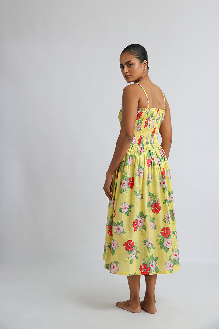 Yellow Floral Print Summer Beach Dress