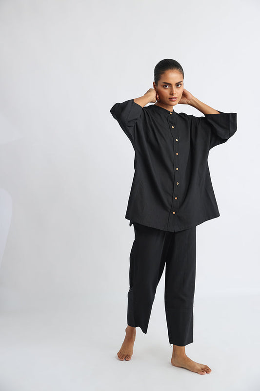 Black Co-ord Set with Stand Collar and Wooden Button Details