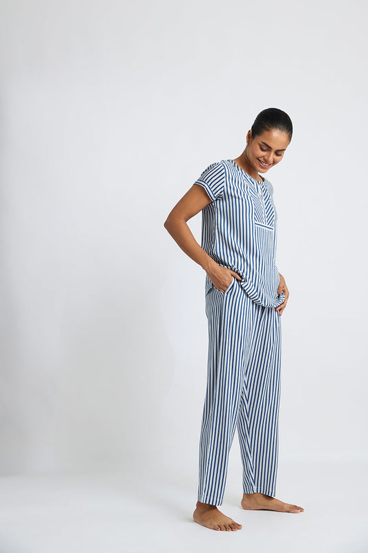 Blue and White Stripes Co-ord Set: Effortless Travel and Home Comfort