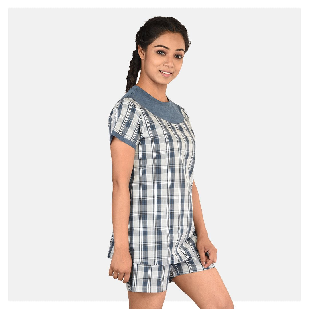 Women Checkered Print Top and Short Cotton Night Suit