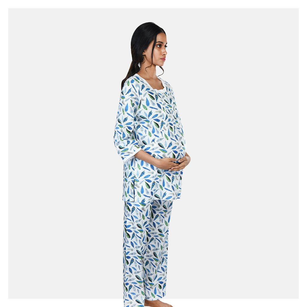 Women White and Blue Double Front Zip Cozy Cotton Maternity Night Suit