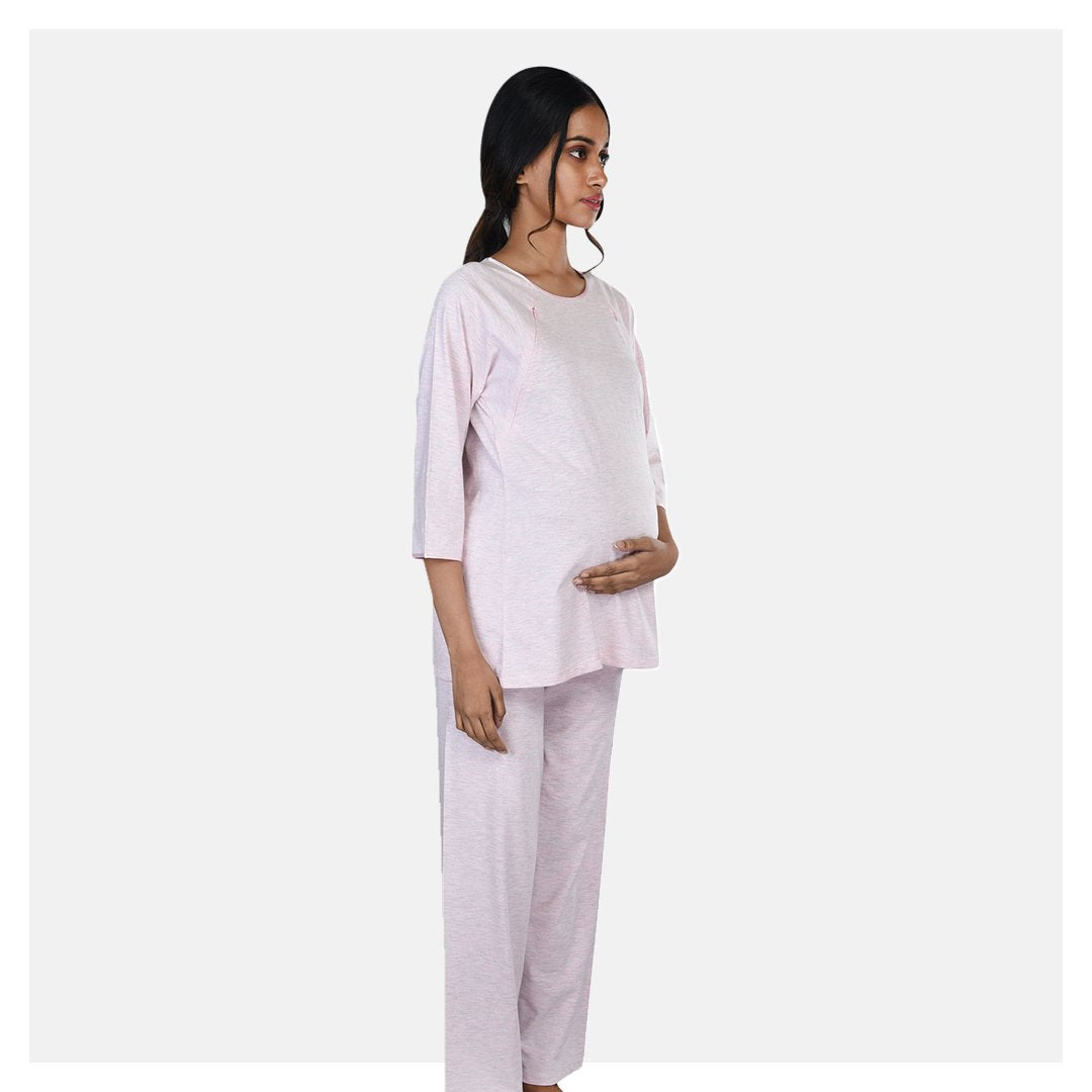 Women Pink Double Front Zip Comfortable Embroidered Cotton Maternity Night Suit