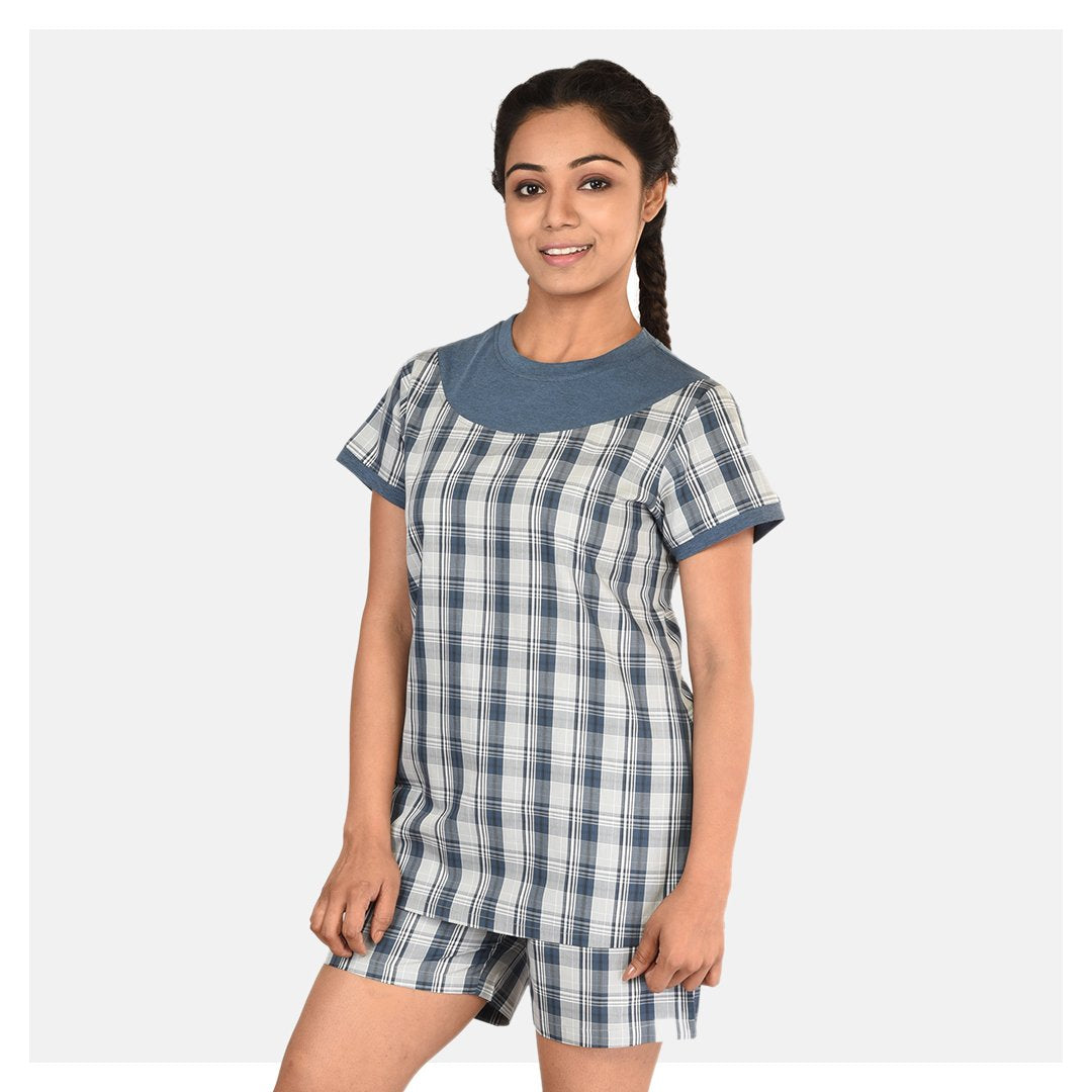 Women Checkered Print Top and Short Cotton Night Suit