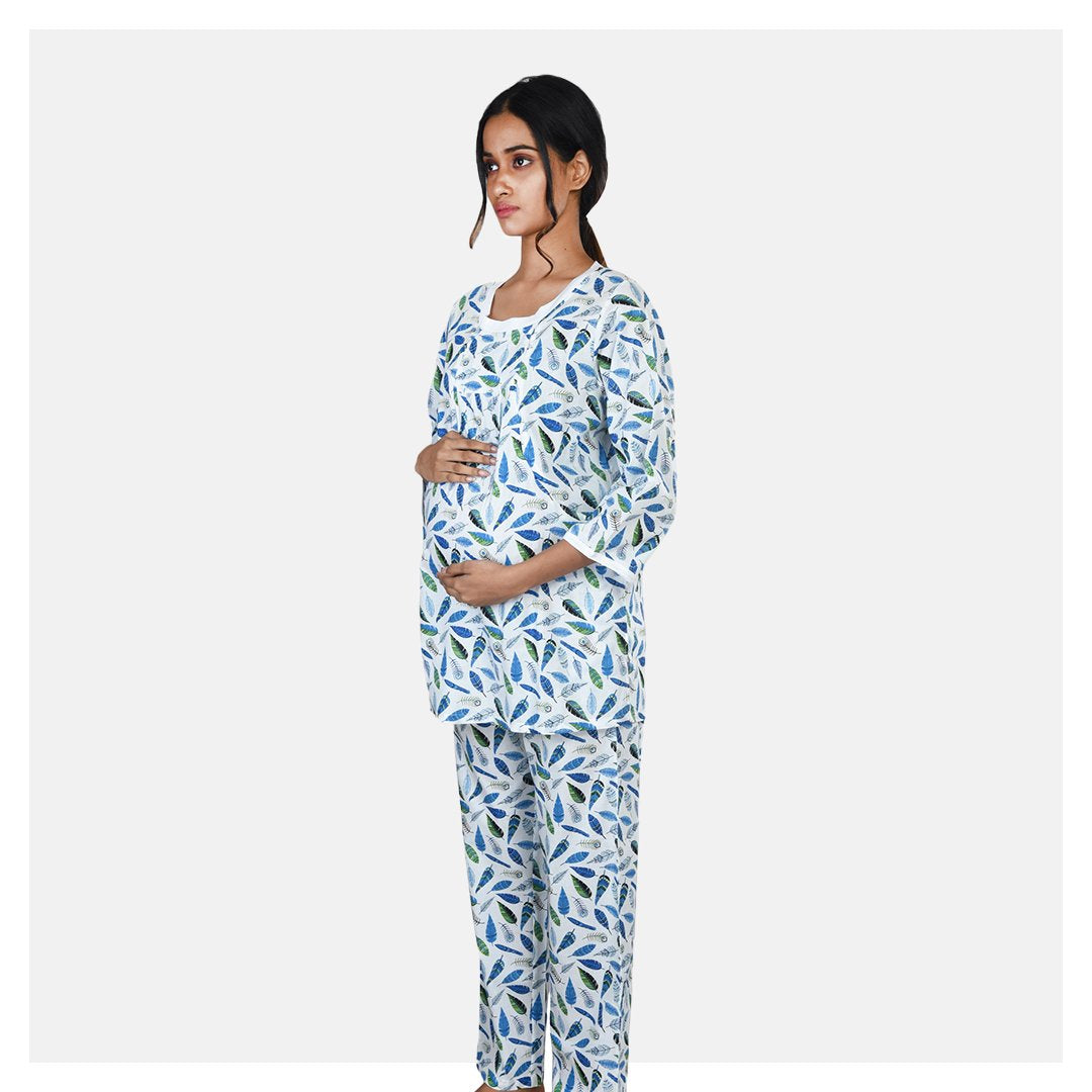 Women White and Blue Double Front Zip Cozy Cotton Maternity Night Suit
