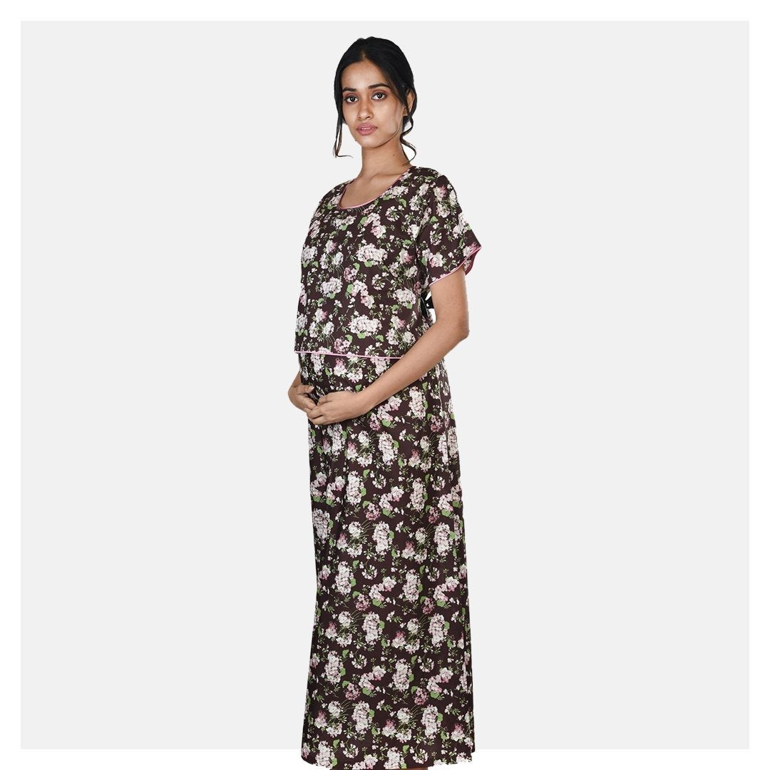 Women Brown Flap Style Floral Printed Cotton Feeding Nighty - Suman Nathwani